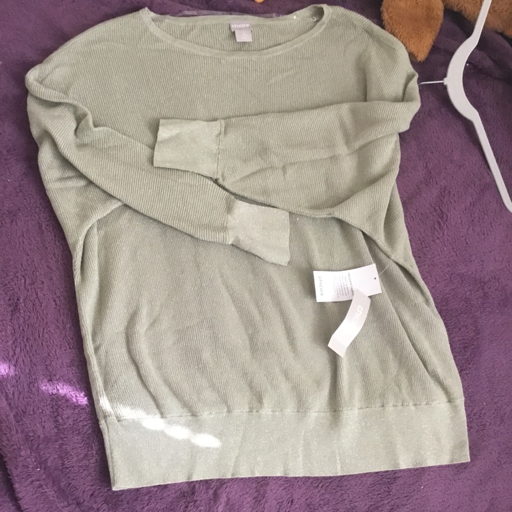 NWT CHICO’S SPARKLE Pull Over Round Neckline Long Sleeve SWEATER Cool Sage-XL-3
